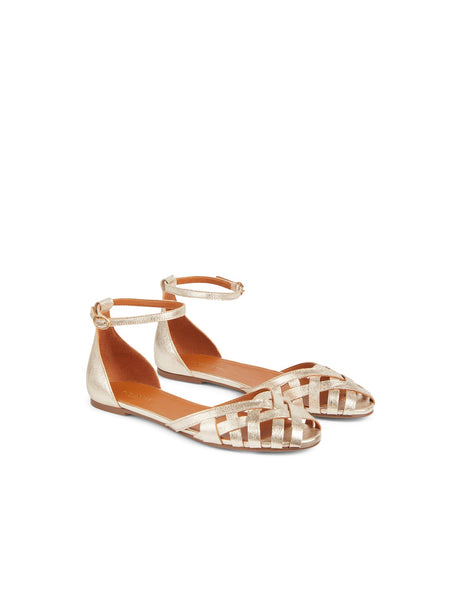 Gold Bianca Gold Leather Cage-Front Flat Sandals