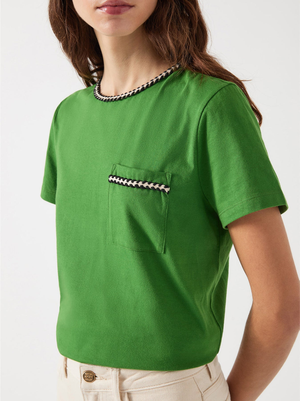Green Vita Treetop Green Cotton Plaited Trim T-Shirt