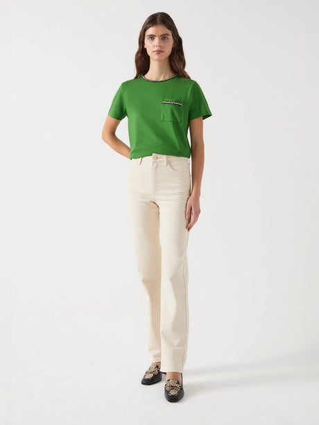 Green Vita Treetop Green Cotton Plaited Trim T-Shirt
