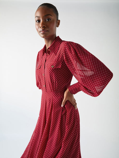 Red Cody Red Polka Dot Print Pocket Shirt Dress