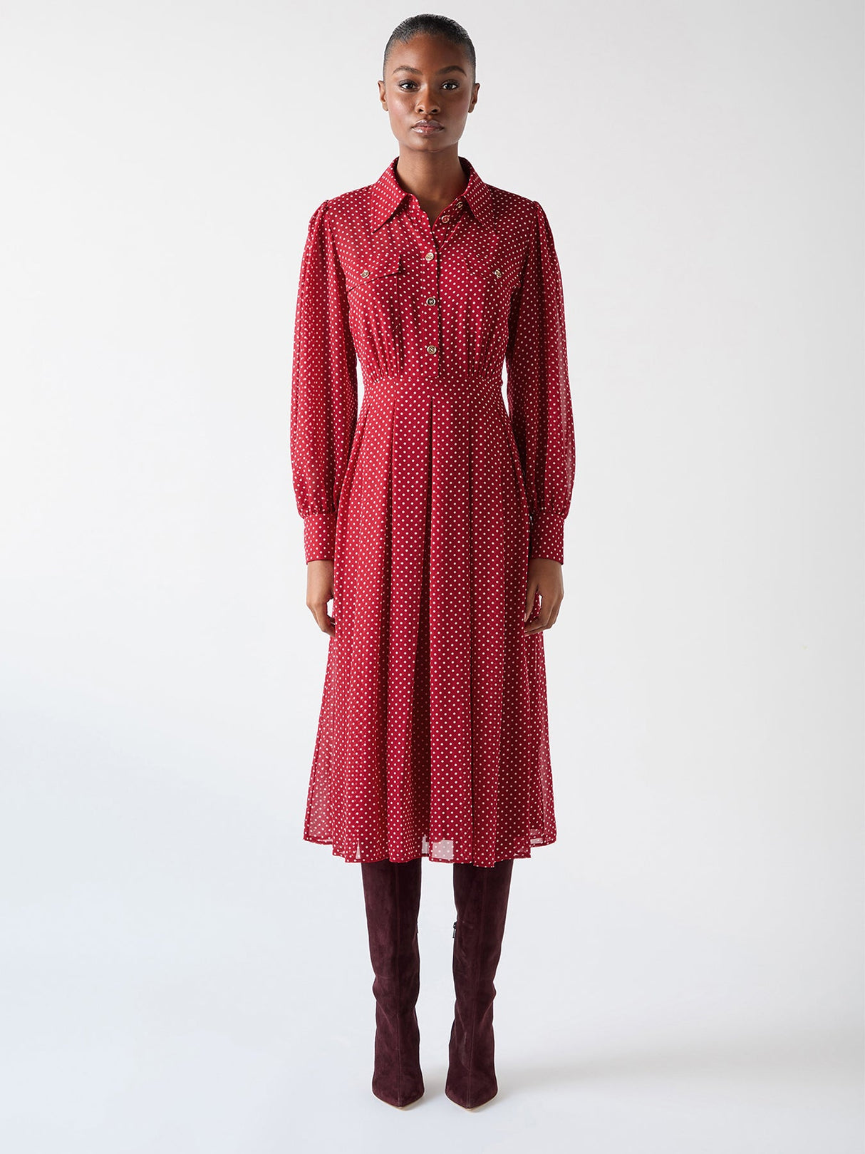 Red Cody Red Polka Dot Print Pocket Shirt Dress
