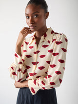 Red Sonya Red Silk Lips Print Silk Blouse
