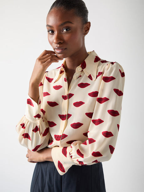 Red Sonya Red Silk Lips Print Silk Blouse