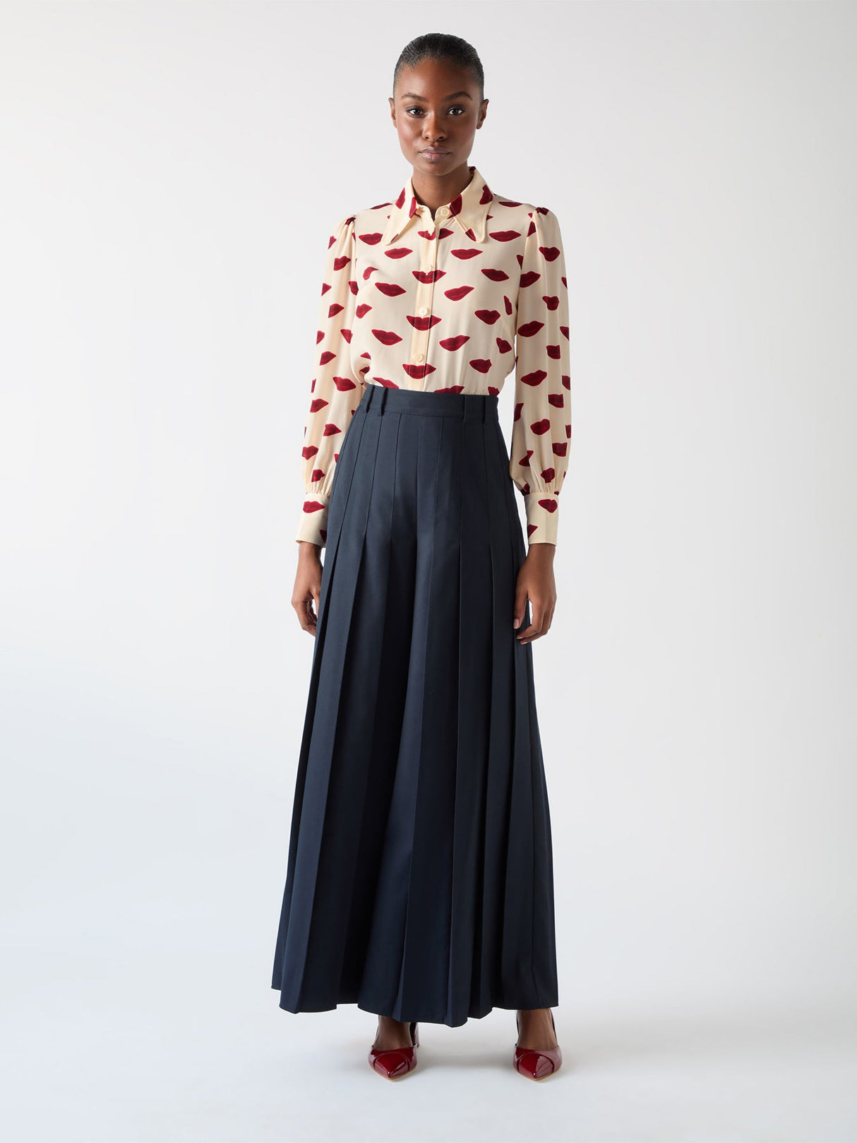 Red Sonya Red Silk Lips Print Silk Blouse